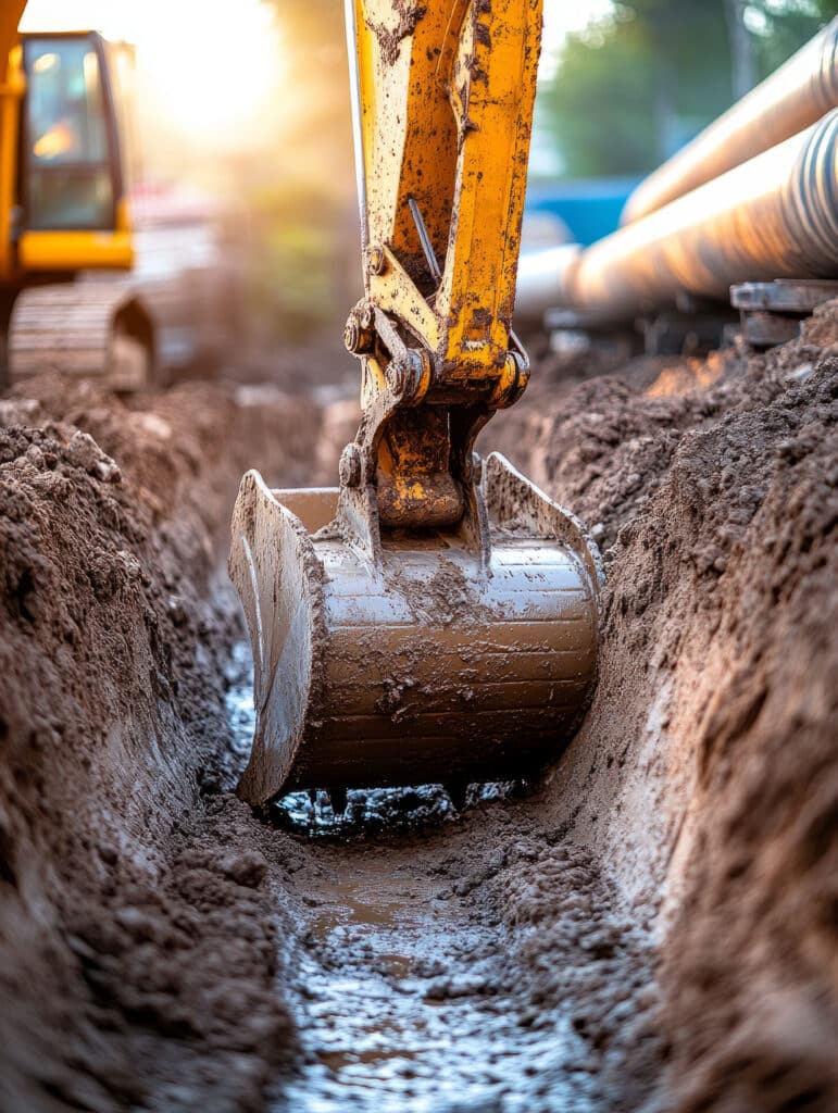 Excavatrice jaune creusant une tranchée boueuse avec son godet, de l'eau stagnante au fond. Chantiers et tuyaux en arrière-plan ensoleillé.
