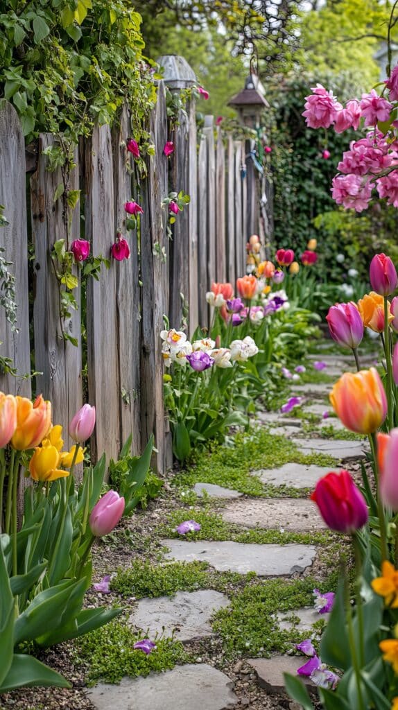Chemin de dalles dans un jardin printanier bordé de tulipes multicolores. Une vieille clôture en bois est ornée de fleurs roses et de verdure.