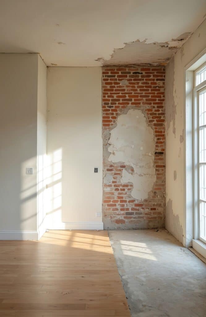 Rénovation Maison : Parquet, Briques & Plâtre Écaillé Intérieur en rénovation: parquet, murs peints à gauche, contrastant avec briques apparentes, plâtre écaillé et sol en béton à droite.